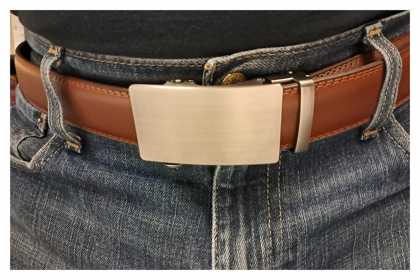 Brown Genuine Leather Belt with Sliding Ratchet Buckle