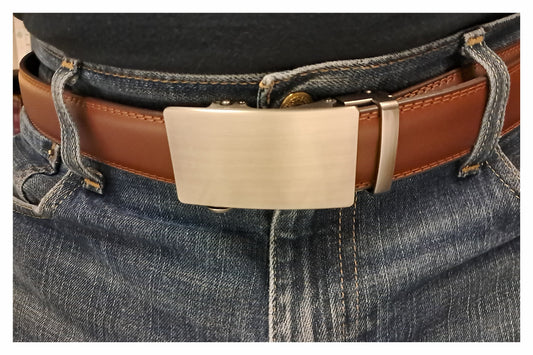 Brown Genuine Leather Belt with Sliding Ratchet Buckle