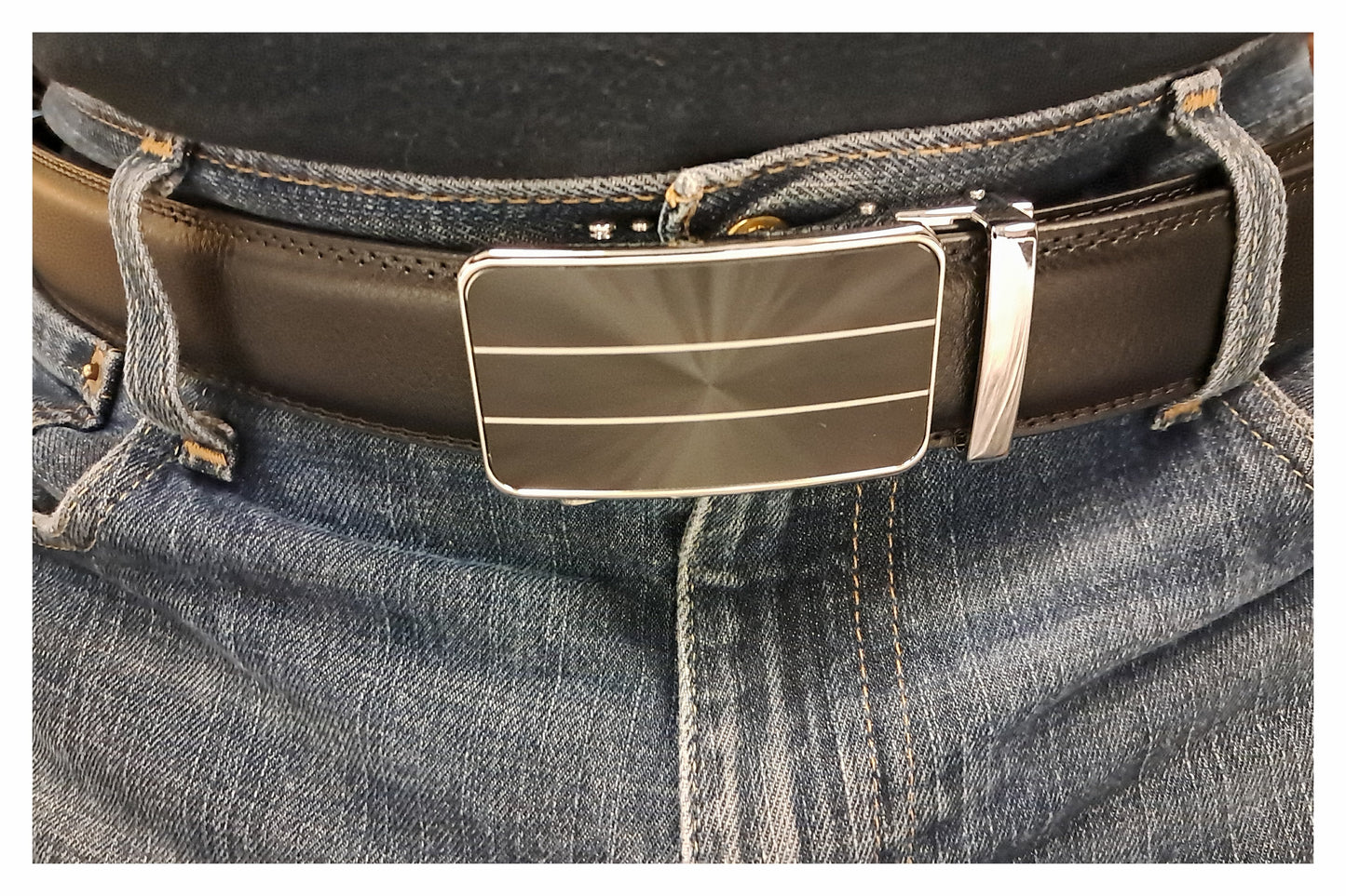 Black Genuine Leather Belt with Sliding Ratchet Buckle
