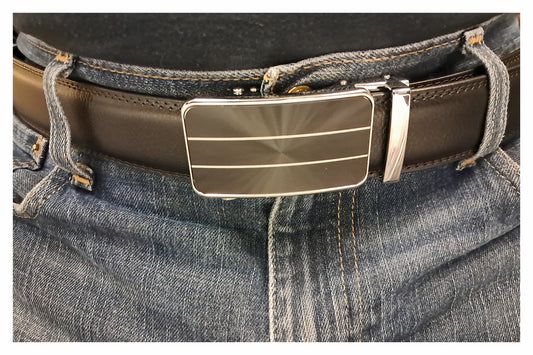 Black Genuine Leather Belt with Sliding Ratchet Buckle